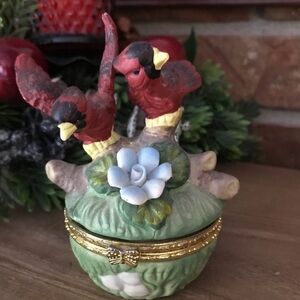 Rare Vintage Red Bird Miniature Gold Trinket Box